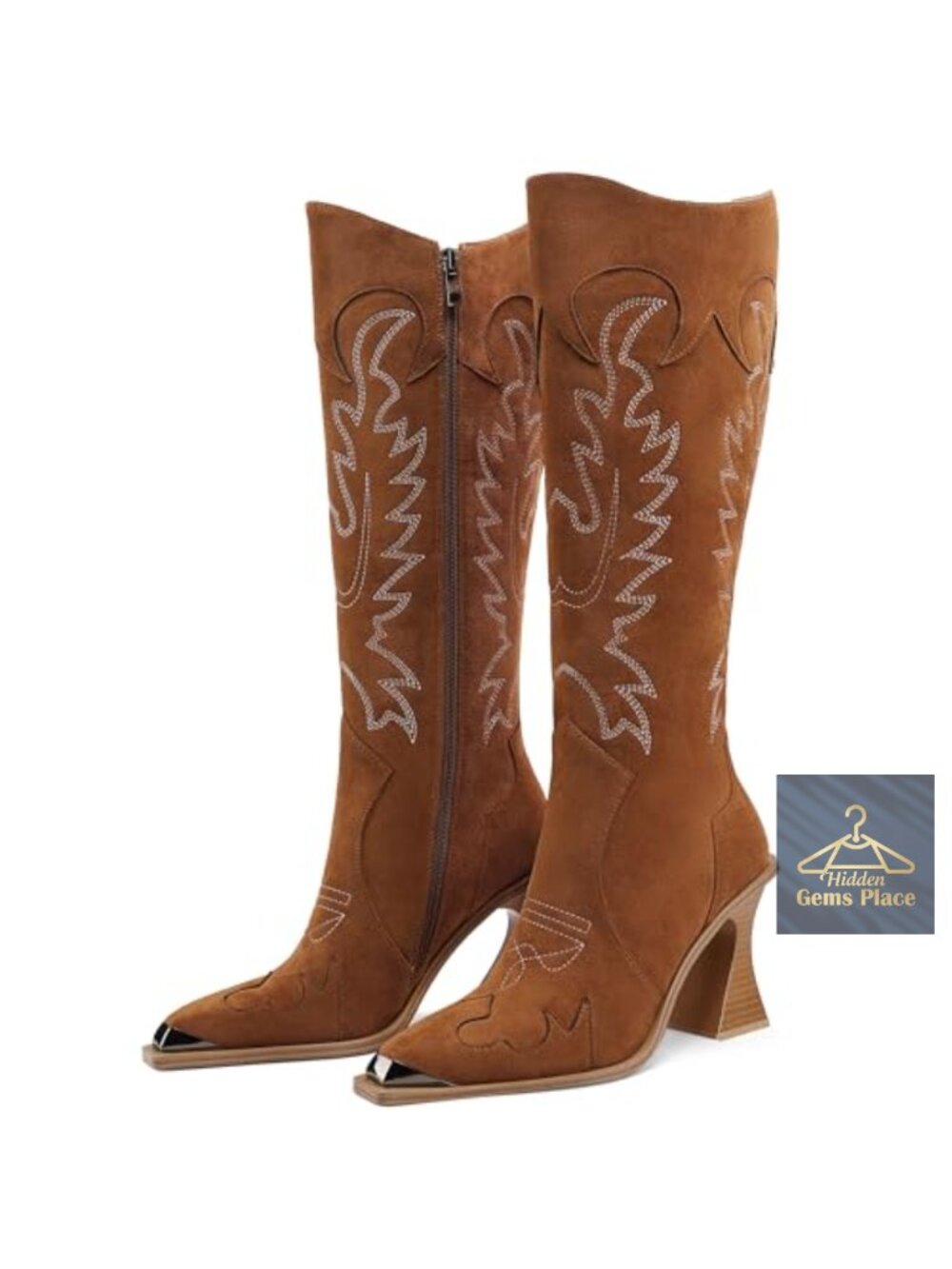 Knee High Western Boots Women Square Toe Faux Suede Heeled